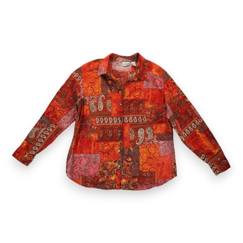 Chicos Women's Patchwork Paisley Print Button Up Shirt 2 Boho Hippie Long Sleeve